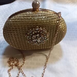 Gold Evening Clutch Purse with A Rhinestone Floral Embellishment Chain Strap New
